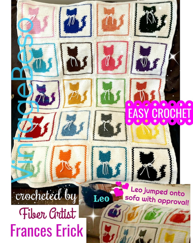 Easy Cat Afghan Crochet PATTERN Cat Pillow Pattern Vintage Single Crochet Meow Love Crochet Kitty Cat Blanket Watermarked PDF Only image 1