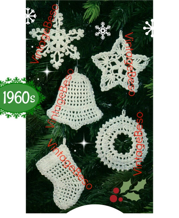 5 Ornaments Crochet Pattern • Classic Christmas Crochet Pattern • Vintage 1960s • Snowflake Star Bell Wreath Stocking • Watermarked PDF Only