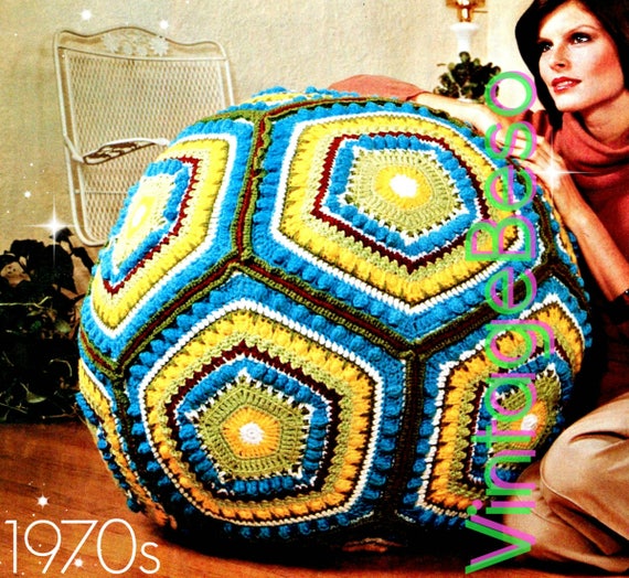 CROCHET Pillow Pattern • Vintage Giant Floor Pillow Ball Cushion Retro 1970s Granny Square • Watermarked PDF Only