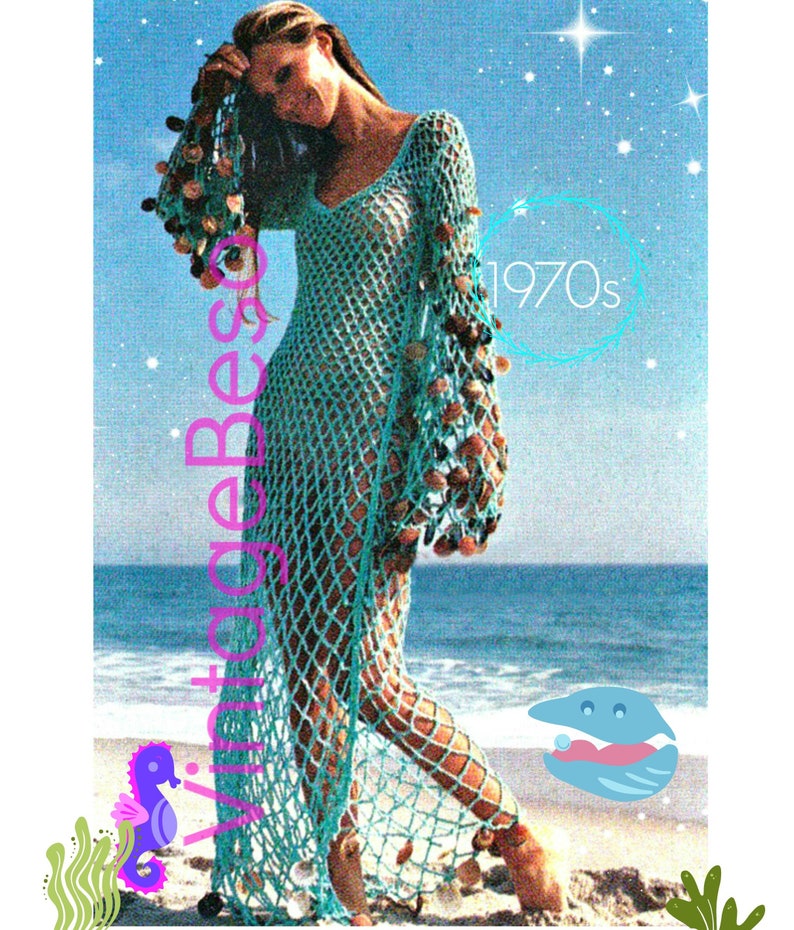 Sea Goddess Vixen Beach Dress Vintage Crochet Pattern CoverUp Crochet Pattern 1970s Fishnet Style Maxi Dress Watermarked PDF Only image 1
