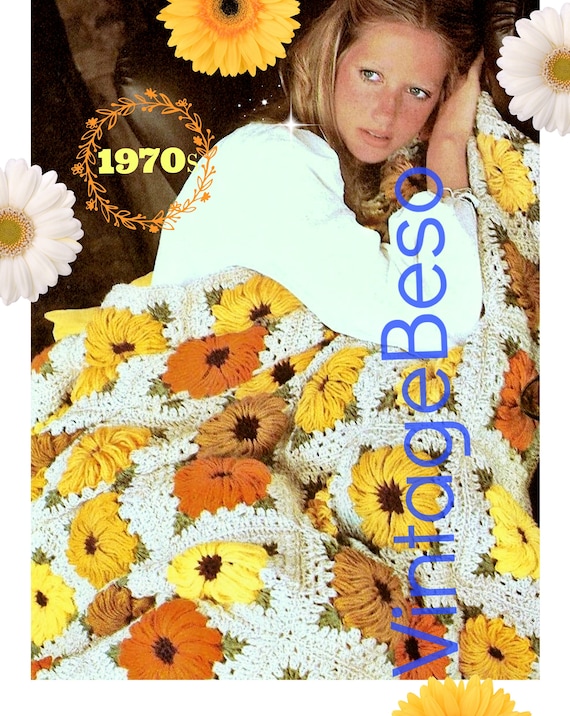 Chrysanthemum Afghan Crochet PATTERN • 1970s Vintage Afghan Pattern • blanket bohemian Chrysanthemum Flower • Watermarked PDF Only