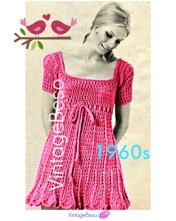 Dress Crochet Pattern • Sweet Summery Sassy 1960s Vintage Petal Bottom Empire Dress Pattern • Lunch Date • Festival • Watermarked PDF Only