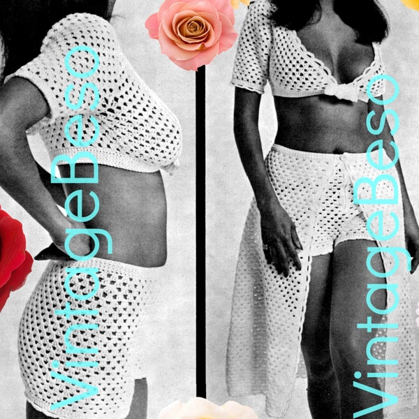 3 Patterns • Vintage 1960s Shorts Skirt Midriff Top Crochet Pattern • Bolero • Skirt Pattern • Retro Hot Pants • Watermarked PDF Only