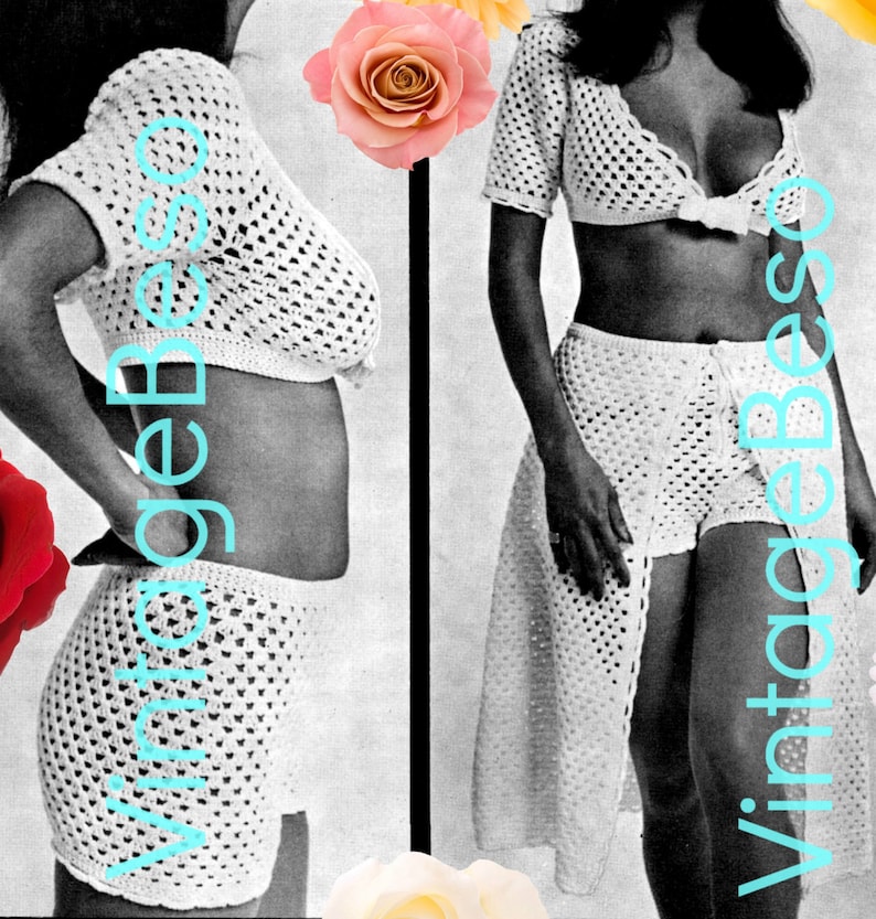 3 Patterns Vintage 1960s Shorts Skirt Midriff Top Crochet Pattern Bolero Skirt Pattern Retro Hot Pants Watermarked PDF Only image 1