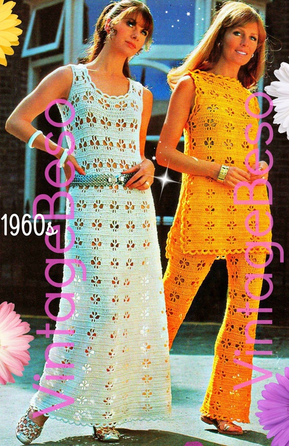 3 Crochet PATTERNS • Vintage 1970s Dress Crochet Pattern • Maxi Dress • Tabard • Ladies Pants Trousers • Summer Wear • Watermarked PDF Only