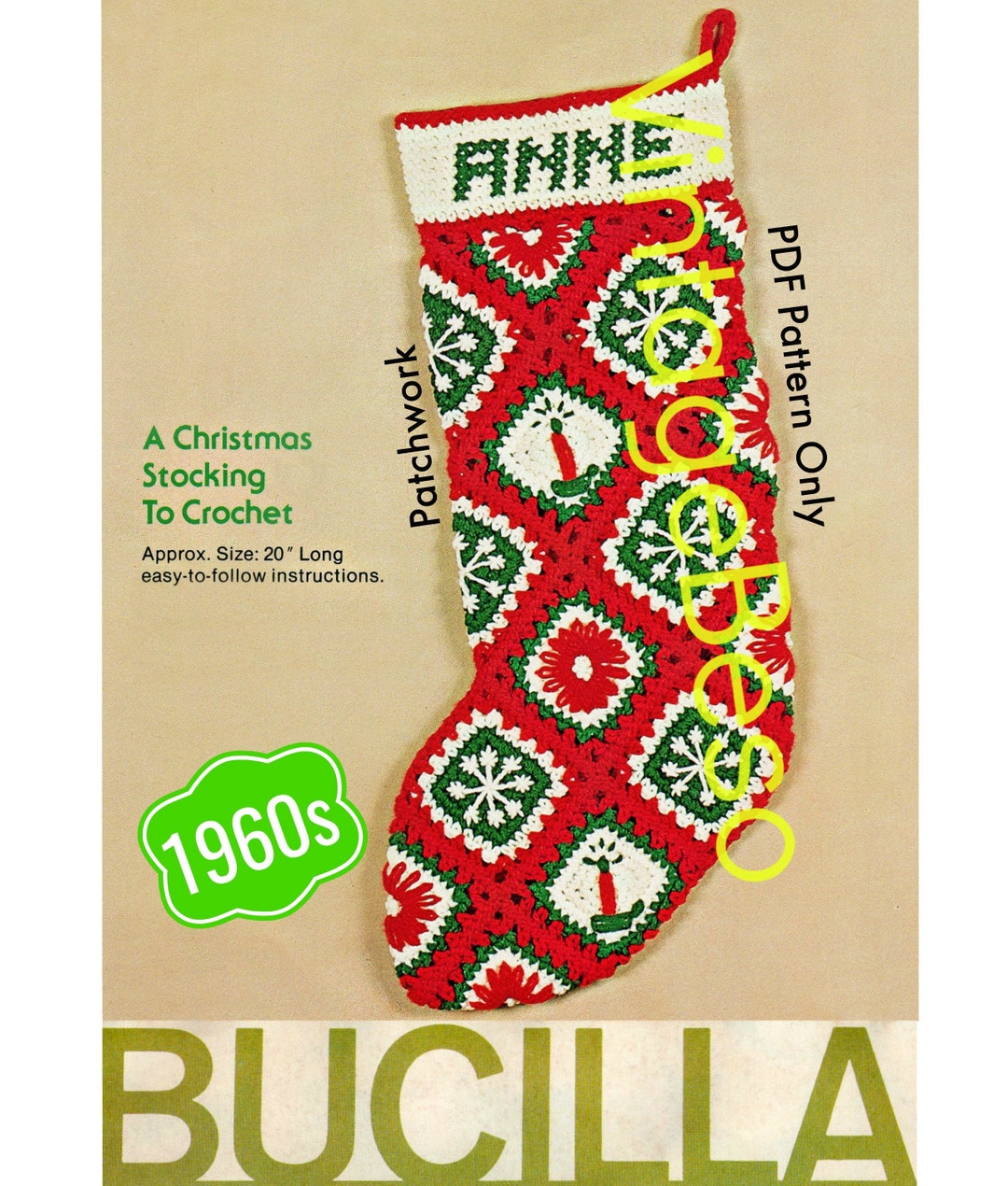 Vintage 60s Christmas Stocking Crochet Pattern: Bucilla Patchwork ...