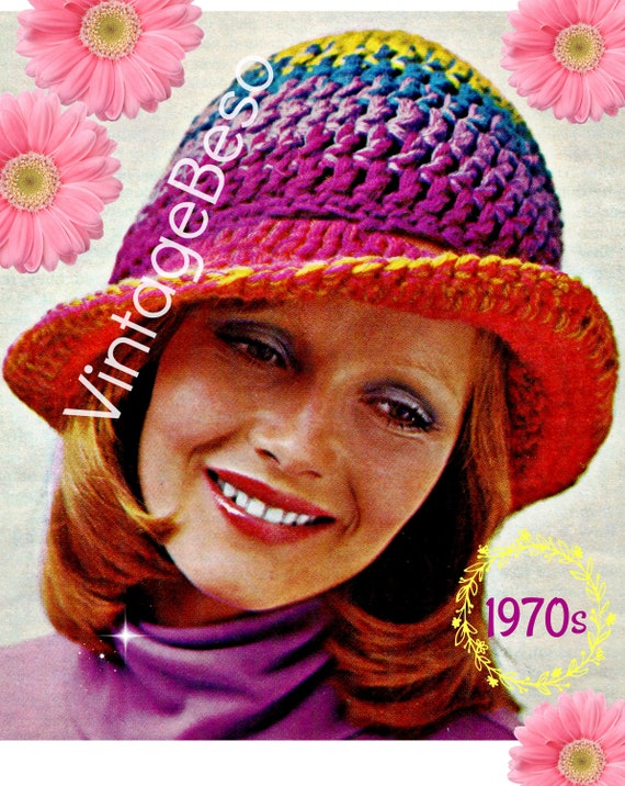 Hat Crochet Pattern • Vintage 1970s Rainbow Hat • Folk  • Roaring Twenties • Brim Hat • Watermarked PDF Only