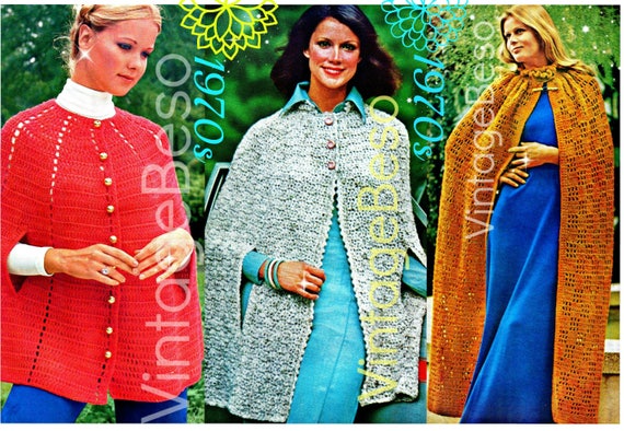 3 Cape Crochet Patterns • Vintage 1970s EASY Crochet Cape Tweed Cape Romantic Irish Clock Jacket Coat • Watermarked PDF Only