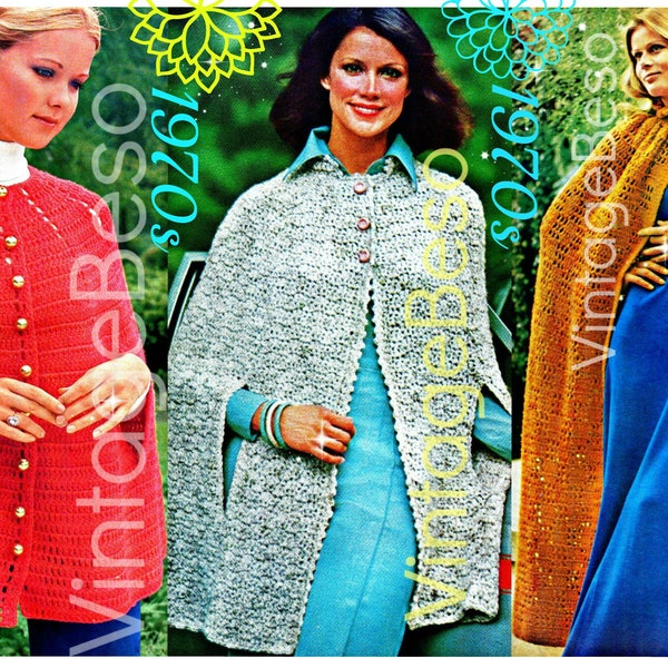 3 Cape Crochet Patterns • Vintage 1970s EASY Crochet Cape Tweed Cape Romantic Irish Clock Jacket Coat • Watermarked PDF Only