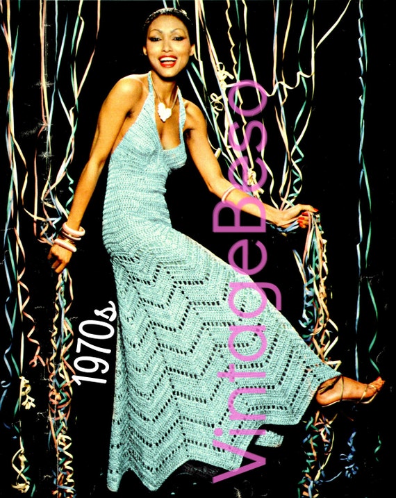 Halter Dress Crochet PATTERN • 1970s Prom Dress • Sexy Party Dress • Feminine Ladies Summer Wear • Evening Dress • Watermarked PDF Only