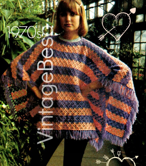 EASY Poncho CROCHET Pattern • 70s Vintage Beso Striped Poncho Crochet Pattern • Watermarked PDF Only