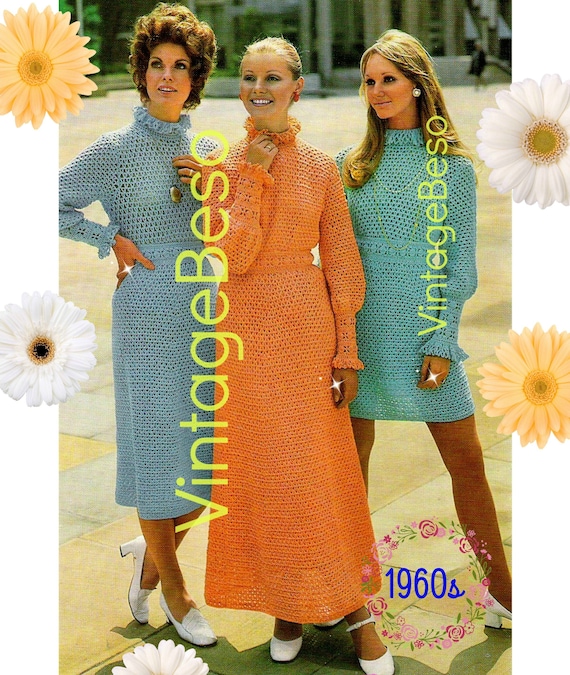Dress Crochet Pattern • 60s Vintage Victorian Influence Top + Skirt = Dress • Long or Short • Long Sleeve Crochet • Watermarked PDF Only