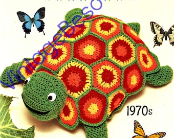 Turtle CROCHET Pattern • Vintage 1970s made of half dc's and six motifs • TV Watching Cushion • Stuffed Tortoise • Watermarked PDF Only