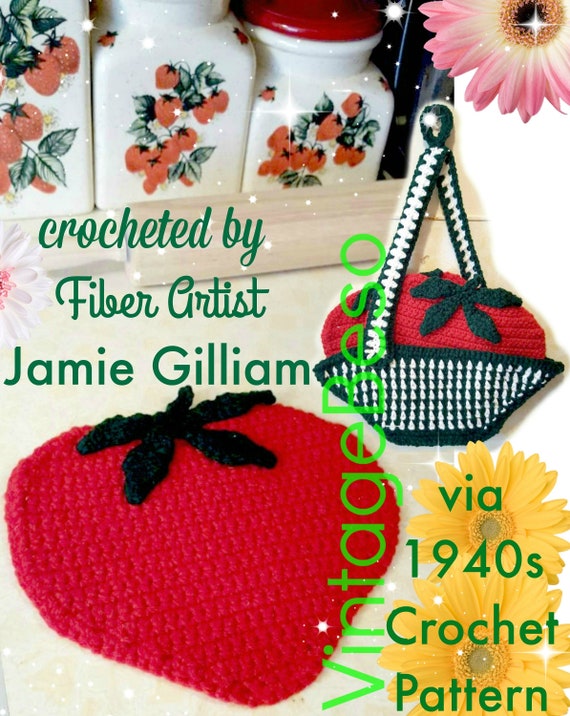 Strawberry Potholder CROCHET Pattern • Vintage 1940s • Super Cute Strawberries + Basket Potholders Rosie the Riveter • Watermarked PDF Only