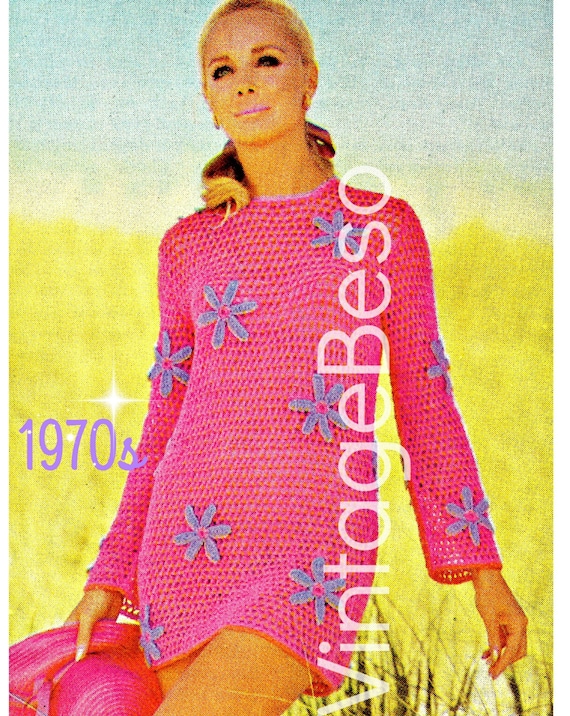 EASY CROCHET • Beach Dress Crochet Pattern • 1970s Crochet Dress • Ladies Dress • Summer Wear Flower Crochet Pattern • Watermarked PDF Only