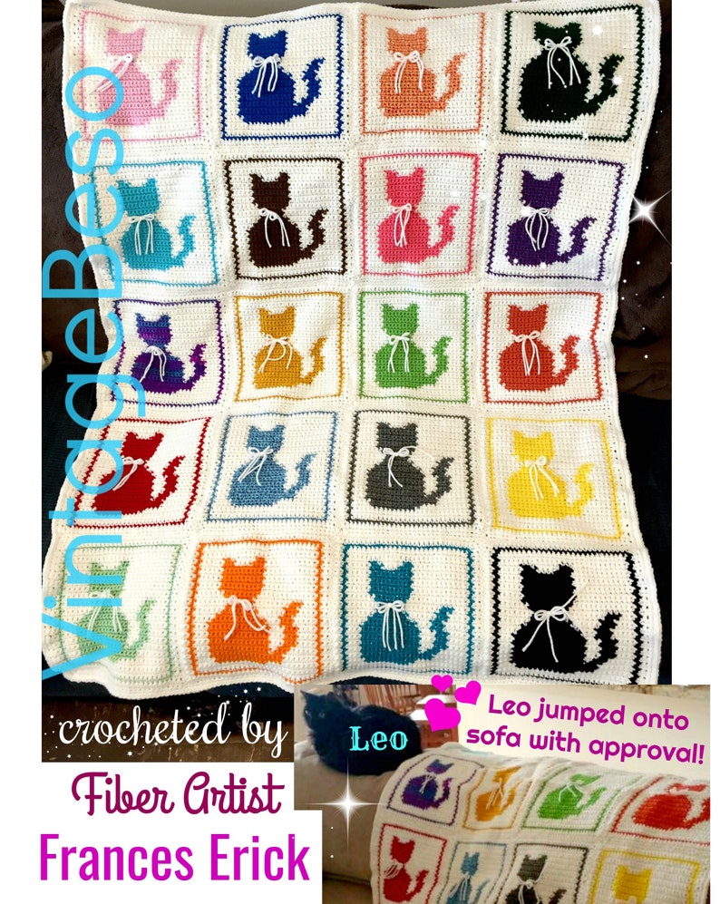 Easy Cat Afghan Crochet PATTERN Cat Pillow Pattern Vintage Single Crochet Meow Love Crochet Kitty Cat Blanket Watermarked PDF Only image 3