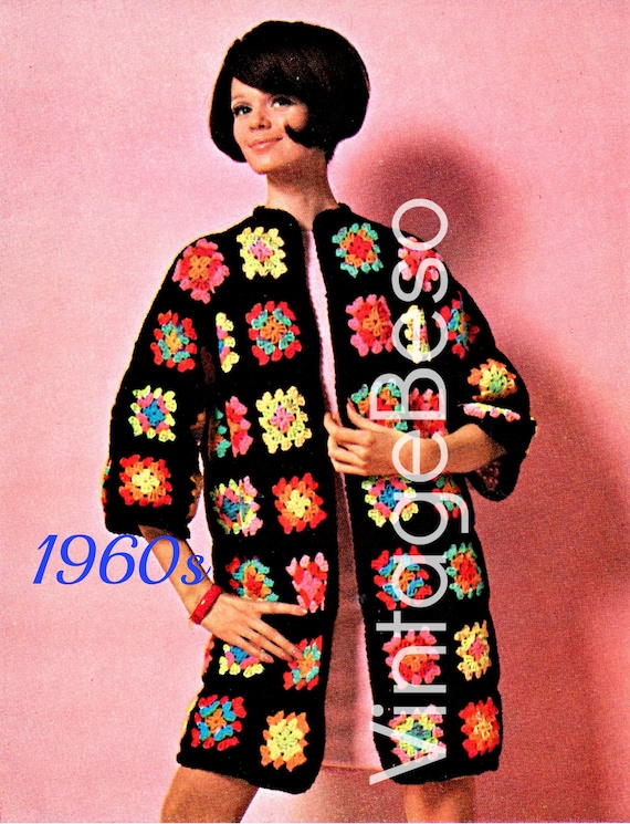 Mod Crochet Pattern • Sweater Coat • Vintage 1960s Ladies Edge to Edge Granny Square Jacket or Cardigan Sizes 10 - 20 • Watermarked PDF Only