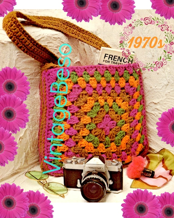 Granny Bag CROCHET Pattern • Vintage 1970s • Boho Granny Square Bag • Hold Everything Bag • Great "Grab and Go" Bag • Watermarked PDF Only