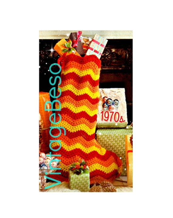 EASY Christmas Stocking Crochet Pattern • Vintage • Watermarked PDF Only • 1970s • 3 simpliest stiches zig zag ripple chevron
