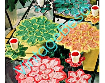 1970s Place Mats and Glass Holders 5 Vintage CROCHET Patterns Flower  + 1940s Casino DICE Potholder + Case • Watermarked PDF Only