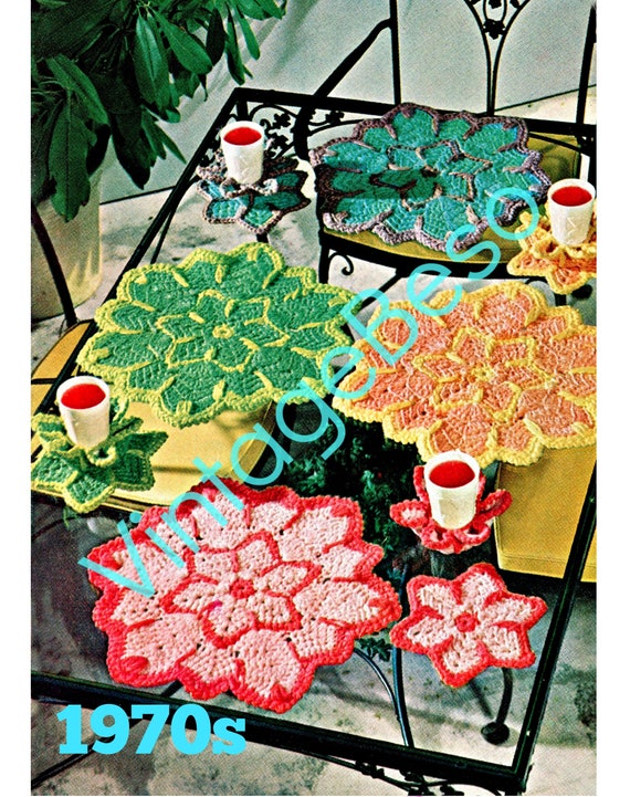 1970s Place Mats and Glass Holders 5 Vintage CROCHET Patterns Flower  + 1940s Casino DICE Potholder + Case • Watermarked PDF Only