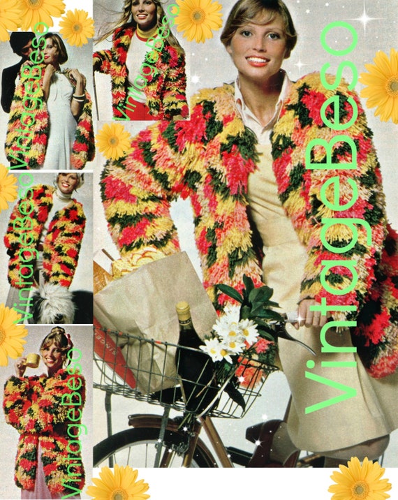 Chic Coat Crochet Pattern • 1970s Bohemian Colorful “Fuzzy” Coat • Faux Fur • ABSOLUTElY DElICIOUS • Jacket • Retro • Watermarked PDF Only