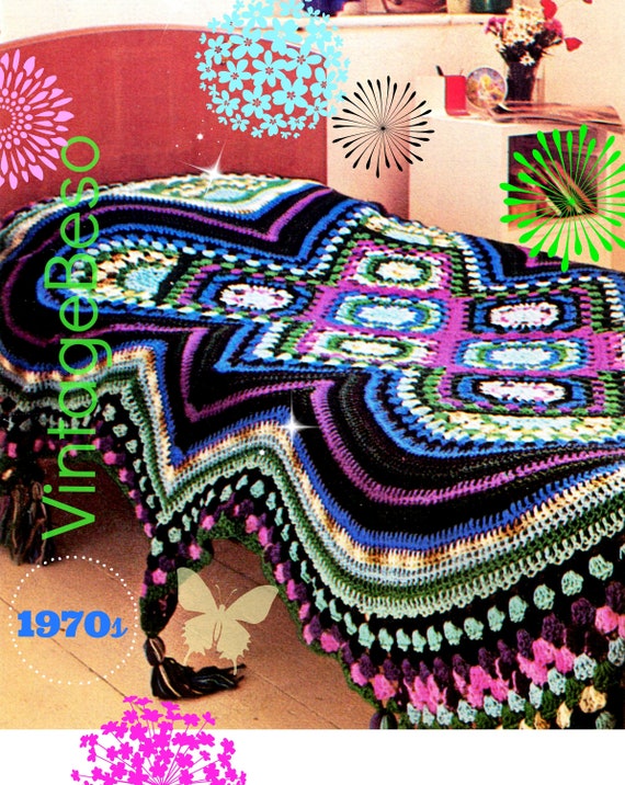 Fascinating Afghan Single Bed • Afghan Crochet PATTERN • Vintage 1970s • Watermarked PDF Only • Geometrical with Granny • 36" Wide