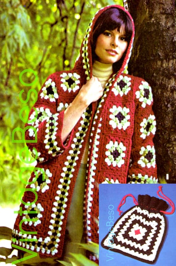Hooded Jacket Crochet PATTERN • 1970s Coat • Granny Square Sweater • Hippie Sweater + Tote Bag • Hippie Jacket • Watermarked PDF Only