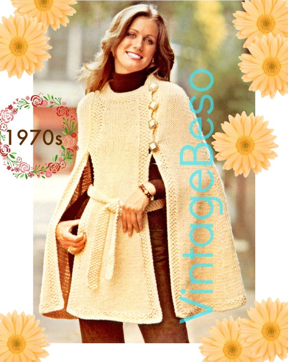 Panel Cape KNITTING Pattern • Belted Cape Knitting Pattern • Vintage Knitting Pattern • Comfortable Scoop Neckband • Watermarked PDF Only