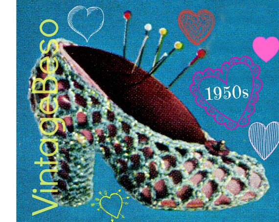 Slipper CROCHET Pattern • Retro 1950s High Heel Shoe Pin Cushion • Vintage Valentine's Day • Home • Gift • Watermarked PDF Only