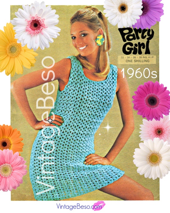 Dress Crochet Pattern • Watermarked PDF Only * 1960s Palazzo Party Girl Jumbo Crochet Hook Extreme Crochet Retro Mod Swinging Dress