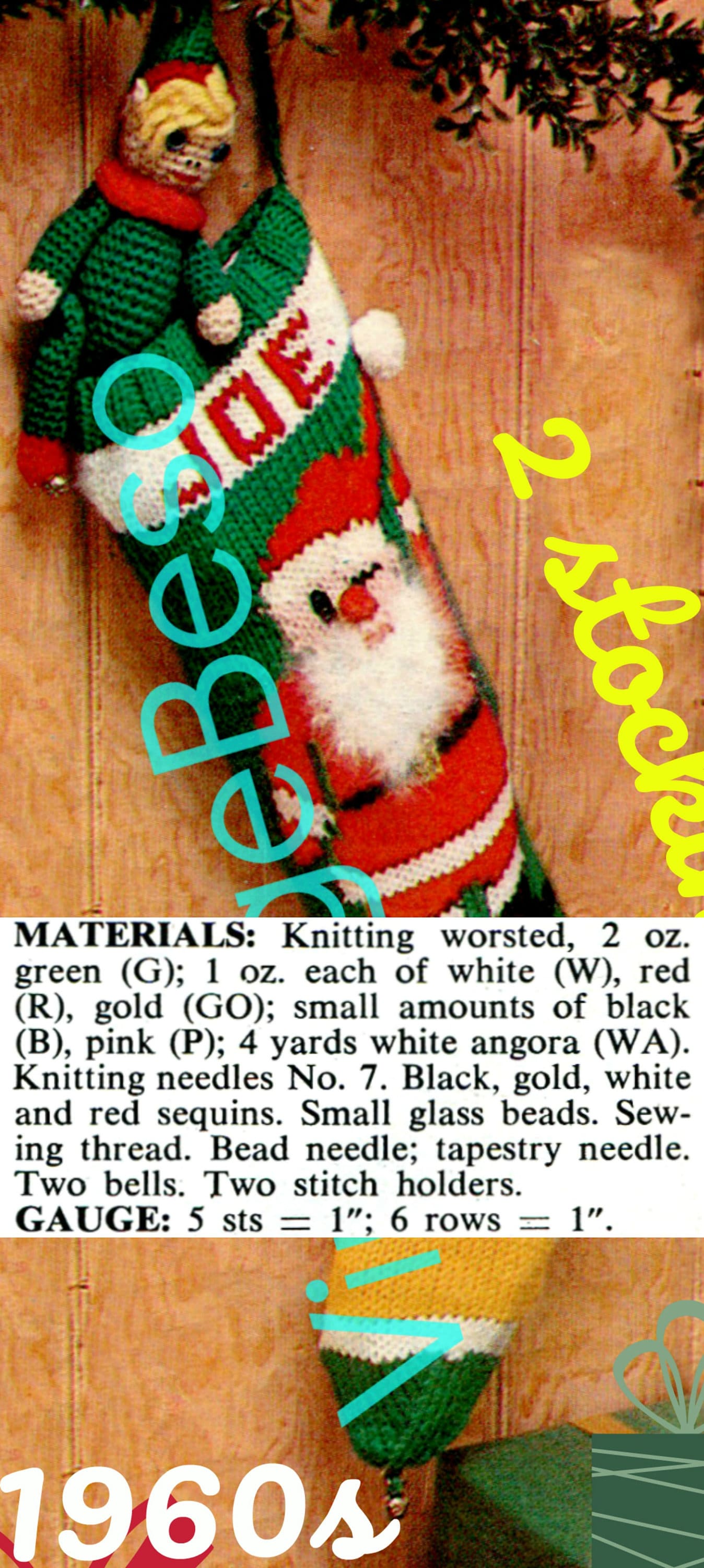 2 Patterns Knit Christmas STOCKING Patterns Vintage 1960s Etsy