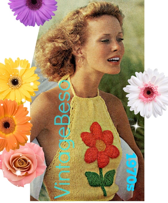 Fun Flower Halter Top KNITTING and Crochet Pattern • 1970s Vintage • Ladies Retro Sexy Top Knitted + Crochet Flower • Watermarked PDF Only