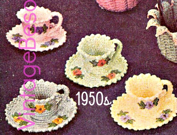 Tea Cup Crochet Pattern + Saucer Crochet Pattern • Vintage 1950s Flower Crochet Pattern + Leaf Crochet Pattern • Watermarked PDF Only