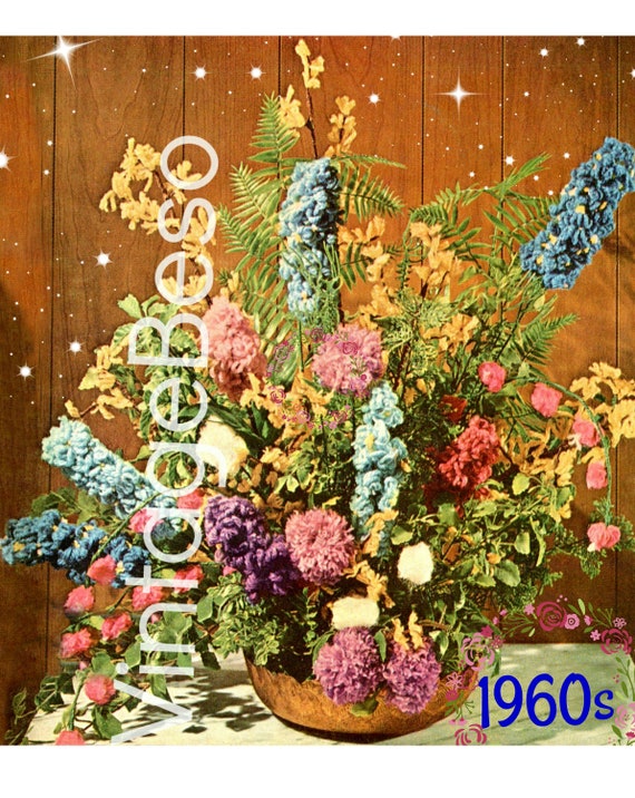 1960s Flower Bouquet Craft Instructions + Bee Knitting Pattern • Vintage Craft • Vintage 1960s Flower Arrangement • Watermarked PDF Only