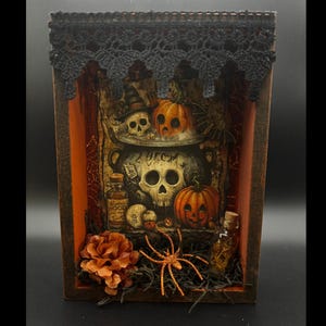 May include: A rectangular shadow box frame with black lace trim at the top. The interior features a Halloween-themed illustration of a skull in a cauldron, pumpkins, and bats. It includes a small glass bottle, a faux orange flower, and a spider.