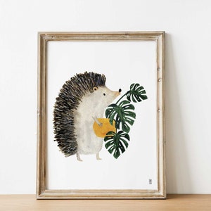 Monstera Deliciosa and Hedgehog print Print 20x25 Plant illustration Plant lovers gift Animal illustrations Wall Art Decor 画像 1