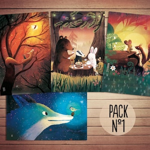 Set di cartoline nº1 | Set di 4 cartoline | Cartoline di animali | Illustrazioni di animali | Carta da cartolina