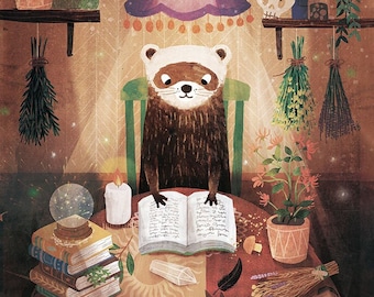 Illustration Night-time reading | Print 20x30 | Ferret illustrations | Forest animals | Magic illustrations | Decoration |