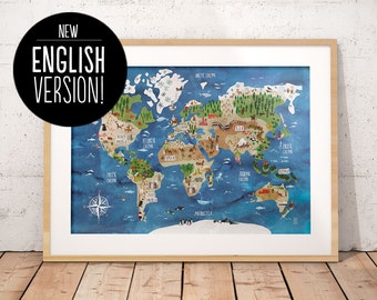 ENGLISH VERSION  - World Map Poster | World Map Wall Art 50x70 cm | Nursery Art | Illustrated Poster | Kids Room | World Map for Children |