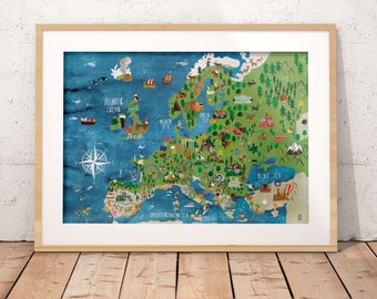 Europe Map Poster | Map Wall Art 50x70 cm | Nursery Art | Illustrated Poster | Kids Room | Europe Map for Children |