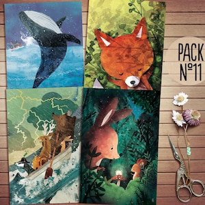 Set de postales nº11 | Set de 4 postales | Postales de animales| Ilustraciones de animales | Postal card