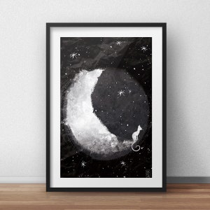 Cat and Moon Print Print 21x30 Cats art Cat print Wall Decor Cats draws Animals illustrations image 2