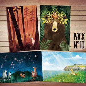 Set di cartoline nº10 | Set di 4 cartoline | Cartoline di animali | Illustrazioni di animali | Carta da cartolina