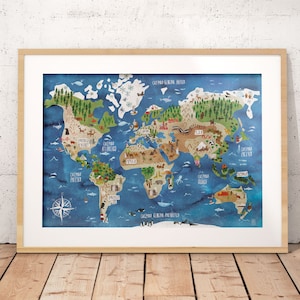 Illustrierte Weltkarte | Poster 50x70 | Karte für Kinder | Illustration | Karte | Welt | Kinderzimmer | Tiere der Welt | Dekoration