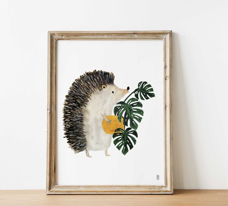 Monstera Deliciosa and Hedgehog print Print 20x25 Plant illustration Plant lovers gift Animal illustrations Wall Art Decor 画像 1