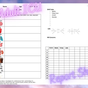 Adult ICU Nurse Report Sheet, ICU, Intensive Care Unit Nursing Report Sheet, Shift Worksheet, Nursing Shift Plan, Adult ICU