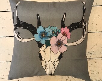 Stag Skull And Flowers Cushion Cover