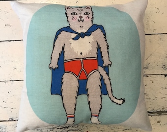 Superhero Cat In Pants Cushion Cover