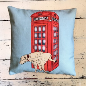 Red Phone Box And Cheeky Dog Cushion Cover